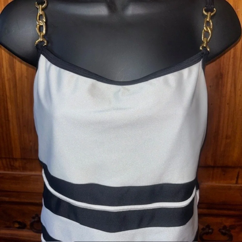 Crossing Pointe Womens One Piece Swimsuit Black White Gold Chain Straps Size 12